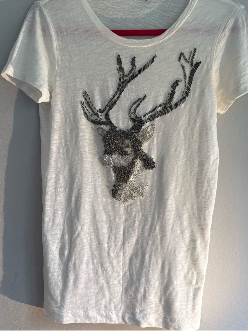 J. Crew Y2K White Short-Sleeve Tee with Sequined Stag Graphic Cream